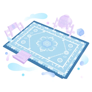 A traditional tapis is laid out on the ground, showcasing intricate patterns that reflect the rich cultural heritage of a specific region. The tapis features detailed motifs, including geometric shapes and symbolic designs that tell a story of tradition and history. Surrounding the tapis, there are elements like ornate wooden furniture and decorative items that complement the cultural significance of the tapis. The colors of the tapis are vibrant and harmonious, enhancing its visual appeal.