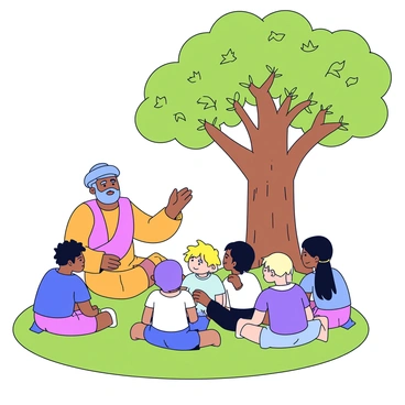 John the Baptist is sitting on a grassy patch beneath a large leafy tree, sharing a moral lesson with a group of children gathered around him. He is dressed in simple, earthy-toned robes, with a long beard and a compassionate expression. The children are of various ages and ethnic backgrounds, listening attentively. Some are sitting cross-legged on the grass, while others are leaning against the tree trunk. Sunlight filters through the leaves, creating dappled patterns on the ground. A gentle breeze rustles the leaves, adding to the peaceful atmosphere of the scene.