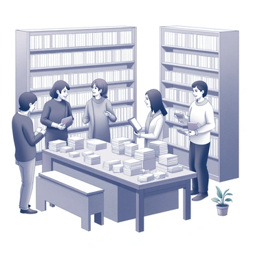 A cozy bookstore interior filled with shelves of books. The space is warmly lit, creating an inviting atmosphere. In the center, a large table displays stacks of books available for donation. Several patrons are gathered around the table, each with a smile on their face as they interact. Some individuals are holding books, while others are discussing their favorite reads. A few decorations, such as small potted plants, enhance the homey feel of the environment.