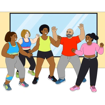 A diverse group of people of different ages and ethnicities is engaged in a high-energy Zumba class. In the center, an enthusiastic trainer with short, curly black hair is leading the group, wearing a bright yellow tank top and colorful leggings. The participants include a young woman with long, straight brown hair wearing a blue sports bra and black shorts, a middle-aged man with a beard in a red T-shirt and gray sweatpants, and a teen with a ponytail dressed in a pink crop top and black leggings. Everyone is smiling and dancing, with their arms raised and feet moving energetically. The background features a large mirror reflecting the vivid colors of the participants' outfits, enhancing the lively atmosphere of the class.