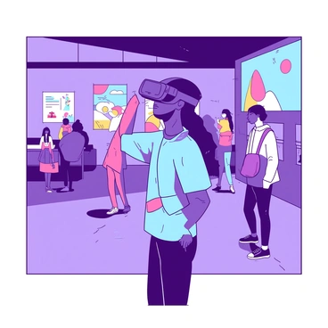 A visitor wearing a sleek virtual reality headset is standing in a tech-savvy museum. The museum's walls are adorned with vibrant, abstract art displays that are illuminated by soft, ambient lighting. The visitor's hands are slightly raised, interacting with the virtual environment, while a look of fascination is on their face. In the background, there are several interactive digital screens showcasing different artworks, and a few other visitors are exploring the space, each engaged in their own unique experiences. The overall atmosphere conveys a blend of modern technology and artistic creativity.