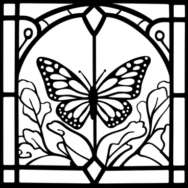 A black-and-white illustration of a stained glass window featuring a large, majestic monarch butterfly with intricate patterns on its wings. The butterfly is positioned at the center of the window, surrounded by delicate floral designs that mimic the natural environment. The window frame is ornate, with geometric shapes and elaborate detailing that enhance the overall composition. Sunlight streams through the design, casting distinct outlines and shadows that add depth to the scene.