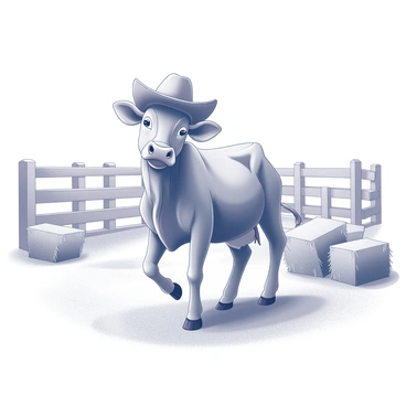 A cow standing in a Western-style setting. The cow is wearing a cowboy hat that sits jauntily on its head. The background features wooden fences and a dusty ground, typical of a ranch environment. There are scattered hay bales nearby, adding to the rustic atmosphere. The cow is positioned playfully, with a slight tilt of its head, as if it is ready for a fun adventure.