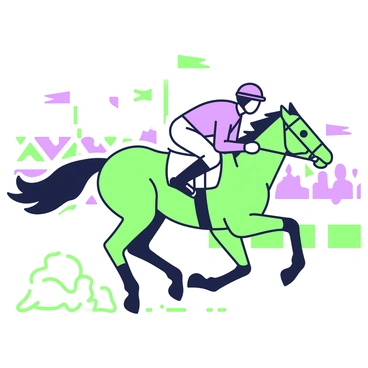 A racehorse is sprinting on a track, legs extended in mid-stride, showcasing its powerful muscles. The horse has a sleek coat and a flowing mane that streams behind it as it gallops forward. A jockey, clad in a fitted racing suit, leans forward, gripping the reins tightly. In the background, the track is lined with cheering spectators, and some colorful banners flap in the breeze. The scene captures the intensity of the race, with dust being kicked up by the horse's hooves.