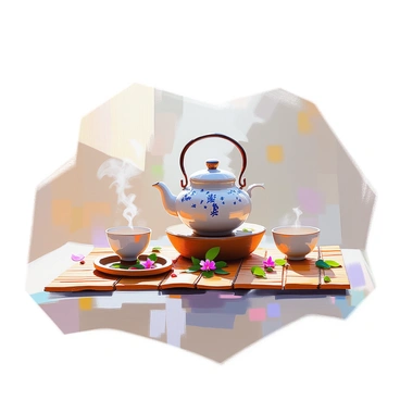 A detailed scene of a Chinese tea ceremony taking place on a bamboo mat. In the center, there is a beautifully crafted teapot, intricately designed with traditional patterns, alongside matching tea cups. The teapot is steaming gently, indicating that the tea is freshly brewed. Surrounding the teapot and cups are delicate tea leaves and small decorative elements, such as a bamboo tea tray and a few flower petals. Soft, natural lighting enhances the textures of the bamboo mat and the ceramic surfaces, creating a peaceful atmosphere.