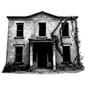 An old, abandoned asylum stands in a state of disrepair. The building has multiple broken windows, with shards of glass scattered around the ground. Vines are creeping up the cracked walls, intertwining with the faded brick and mortar. The front entrance is partially obscured by overgrown weeds and debris. The roof appears to be sagging in places, adding to the sense of neglect and decay. Shadows stretch across the ground, hinting at the eerie atmosphere surrounding the structure.