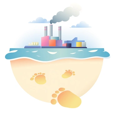 Footprints in the sand are visible on a beach, leading towards a distant factory. The factory is large and industrial, with multiple tall chimneys from which thick gray smoke is billowing into the sky. The beach is surrounded by gentle waves lapping at the shore, creating a contrast between the natural setting and the man-made structure. The sky above is partly cloudy, with hints of blue peeking through the clouds, while the footprints in the sand appear fresh and distinct, guiding the viewer's gaze towards the factory in the background.