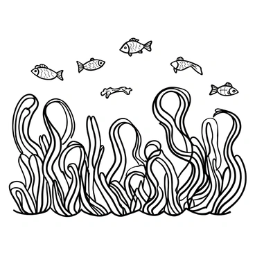An intricate display of ocean waves formed from twisting wire, creating a dynamic and flowing appearance. Various fish depicted in different shapes and sizes swim gracefully among the waves. Each fish is detailed with distinct patterns resembling scales, contributing to the overall complexity of the scene. The wire forming the waves has a textured surface, emphasizing the movement and fluidity of the ocean.