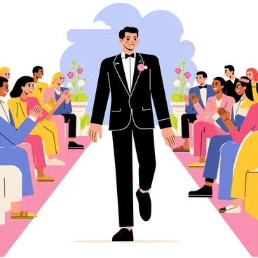 A groom in a black tuxedo confidently walking down a white aisle. He has a broad smile on his face, and his hair is neatly styled. On either side of the aisle, guests are seated, including women in colorful dresses and men in suits. The guests are smiling and clapping, creating a joyful atmosphere. Floral arrangements decorate the aisle, with vibrant flowers in shades of pink and white. A bright blue sky can be seen above, adding to the cheerful ambiance of the occasion.