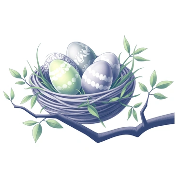 A bird's nest resting on a sturdy tree branch. The nest is composed of twigs and grass, showcasing its natural texture. Inside the nest, there are several Easter eggs, each uniquely decorated with intricate patterns and designs. The scene includes the tree branch, with lush green leaves surrounding the nest, creating a vibrant backdrop for the colorful eggs. The composition captures the harmony between the nest and the eggs, highlighting their details.