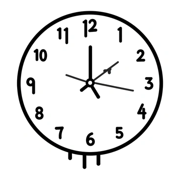 A clock with a round face, displaying numbers that appear to be melting and dripping downwards. The clock hands are bent in unusual angles, creating a distorted appearance. The clock is mounted on a simple wall, with a plain background. The overall composition emphasizes the surreal design of the melting numbers and the unusual orientation of the clock hands.