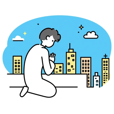 A person kneeling in prayer on a rooftop, surrounded by a vibrant city skyline. The individual is wearing a simple white robe, with their hands clasped together and head bowed in reverence. Below, the bustling city features tall buildings with windows reflecting sunlight, and a few scattered clouds in the blue sky. There are distant sounds of traffic and city life, adding to the atmosphere of the scene.