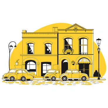 A cobblestone street with vintage cars parked alongside historic buildings