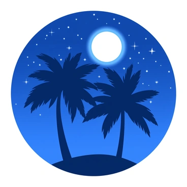 Silhouetted date palms rise against a deep blue night sky scattered with glimmering stars. The full moon glows brightly, illuminating the scene with a soft white light. The palms have tall, slender trunks and a lush canopy, creating a stark contrast against the starlit background. The moon's glow casts gentle shadows on the ground, enhancing the tranquil atmosphere of the night.