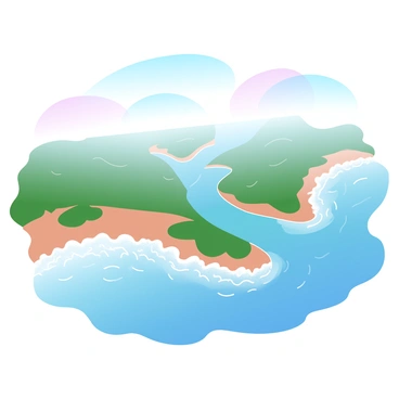 A vibrant delta is depicted with multiple river outlets clearly visible, each flowing into the sea. The riverbanks are rich with greenery and thick vegetation, highlighting the lushness of the environment. The water in the rivers exhibits a gradient of colors, transitioning from deep blue near the sea to lighter shades towards the shores. Sediments are visibly being deposited at the river mouths, creating texture along the shorelines. The sea is calm, reflecting soft pastel hues in the sky, which transition smoothly from one color to another.