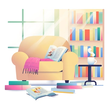 A cozy study nook is nestled in a library, featuring a comfortable, plush armchair in a warm beige color. Scattered around are various books in different sizes, some open, displaying colorful pages with text and illustrations. A small wooden side table holds a steaming white cup of coffee, with delicate steam rising from its surface. The background showcases tall wooden bookshelves filled with neatly organized books, while soft, golden light filters in through a nearby window, casting gentle shadows across the nook. A knitted blanket is draped casually over the armchair, adding to the inviting atmosphere.
