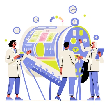 A group of three scientists is gathered around a futuristic, glowing time machine with a metallic surface and colorful lights. One scientist, a woman with glasses, is examining a holographic display that shows various historical events. The second scientist, a man with short hair, is holding a tablet and pointing at a timeline that stretches along the floor, marked with different dates and images. The third scientist, an older man with a white beard, is adjusting dials on the time machine's control panel, which is covered in buttons and levers. Around them, there are floating clocks and gears representing the concept of time. The environment is filled with a sense of urgency as the scientists collaborate to figure out how to return home.