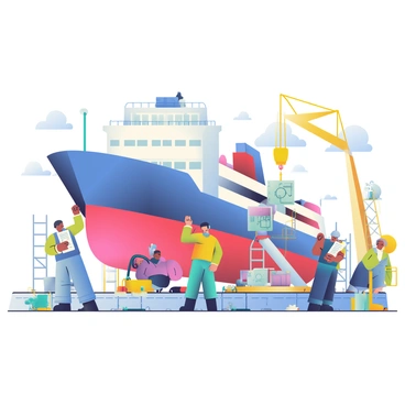 A busy repair dock is filled with mechanics working on a large cargo ship. The cargo ship, painted in deep blue with white stripes, is stationed in the center, surrounded by various tools and equipment. Several mechanics with different skin tones are engaged in different tasks; one is using a wrench to tighten bolts on the ship's hull, while another is reviewing technical blueprints on a clipboard. Steel scaffolding surrounds the ship, and a yellow crane is positioned nearby, ready to lift heavy parts. Various spare parts and machinery are scattered around the dock, and the atmosphere conveys a sense of urgency and industriousness.