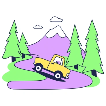 A yellow truck is driving along a winding mountain road. The truck is positioned on the left side of the road, with its front facing slightly towards the viewer. Tall pine trees line both sides of the road, showcasing their triangular shapes and detailed bark textures. The mountain peaks rise in the background, creating a rugged terrain. The road curves around a bend, displaying sections of asphalt and gravel. Above, a clear sky reveals a few clouds, and the sunlight casts shadows on the ground, enhancing the scene's depth.