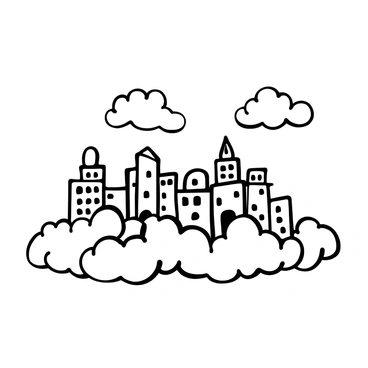 A city with a skyline made of buildings constructed from soft, fluffy material, resembling clouds. The structures have rounded, billowy shapes, creating a whimsical appearance. In the foreground, wisps of clouds float gently, intertwining with the architecture. Above, a vast expanse of sky stretches out, dotted with a few larger clouds. The scene depicts a serene atmosphere, showcasing the unique and surreal nature of this cloud city.