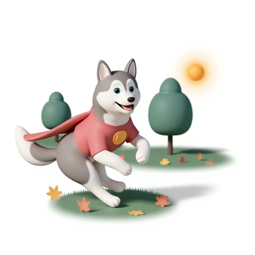 A Siberian husky with thick, fluffy fur and striking blue eyes is wearing a bright red superhero costume with a yellow emblem on the chest. The dog is playfully running across a grassy area in the park, with its tail wagging excitedly. Surrounding the husky are colorful autumn leaves scattered on the ground and a few green trees in the background. The sun is shining, casting a warm glow on the scene, while the husky leaps into the air, showcasing its energetic spirit.