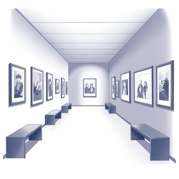 A spacious hallway in an illustration museum. The walls are adorned with numerous frames showcasing various pieces of "vibrant artwork." Each frame is distinct, featuring different styles of illustrations. Soft lighting illuminates the hallway, casting gentle shadows that enhance the details of the frames. The floor is polished, reflecting the surroundings, and there are small benches along the sides for visitors to sit and admire the artwork.