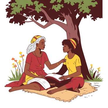 An African woman and her grandmother are sitting side by side on a woven mat beneath a large tree with a broad canopy. The grandmother, with silver hair wrapped in colorful fabric, is listening intently as the younger woman shares her wisdom. Sunlight filters through the leaves of the tree, casting playful shadows on the ground. In the background, there are small wildflowers blooming in shades of yellow and orange, adding a vibrant touch to the serene setting. The expressions on their faces reflect a deep bond and exchange of knowledge, with the younger woman's hands animatedly gesturing as she speaks.