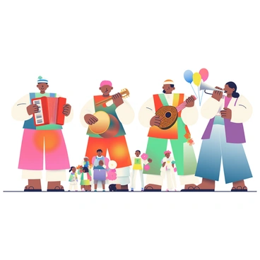 A traditional music band is performing at a wedding celebration. The band consists of four musicians, each wearing colorful traditional attire. One musician is playing a bright red accordion, while another is strumming a wooden guitar decorated with intricate carvings. A third musician is playing a set of hand drums, and the last one is blowing into a silver trumpet. In front of the band, a small crowd of guests is dancing joyfully, dressed in elegant wedding outfits. Colorful balloons and flowers are visible in the background, adding to the festive atmosphere.