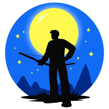 A dark silhouette of a figure holding a crossbow stands under a large, luminous full moon. The moon casts a bright light, highlighting the outline of the figure. The figure is poised in a strong stance, suggesting readiness and determination. Surrounding the figure are faint hints of shadowy shapes, representing unseen monsters lurking in the darkness. The night sky is filled with twinkling stars, adding to the atmosphere of suspense and anticipation.