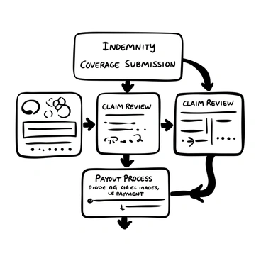 A black-and-white illustration showing a flowchart of the indemnity coverage process. The diagram includes labeled boxes for "Indemnity Coverage," "Claim Submission," "Claim Review," and "Payout Process," connected by arrows indicating the direction of flow. Each box contains additional details: "Indemnity Coverage" box highlights what is covered, "Claim Submission" specifies required documents, "Claim Review" includes timeframes for assessment, and "Payout Process" outlines how payments are made. The background is plain to enhance clarity.