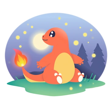 A Charmander with bright orange scales is sitting on a patch of green grass during a magical evening. Its tail flame flickers gently, casting warm light around. A swarm of small, glowing fireflies surrounds Charmander, with their soft yellow lights illuminating the twilight. In the background, the sky transitions from deep blue to shades of purple as the sun sets. Silhouettes of trees can be seen, adding to the enchanting atmosphere of the scene. The fireflies create a shimmering effect, dancing in the air around the Charmander, enhancing the magical feel of the moment.