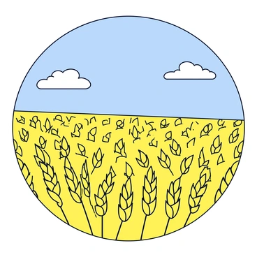 A vast field of golden wheat swaying gently in the wind. The wheat stalks are tall and full, each head glimmering in the sunlight. Above the field, the sky is bright blue with a few fluffy white clouds scattered across. The scene captures a sense of open space and nature's bounty.