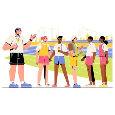 A dedicated coach stands in front of a group of four young athletes, each wearing colorful uniforms. The coach, an energetic figure with short hair and wearing a whistle around their neck, gestures passionately with one hand raised as they speak. The relay team members, a diversity of genders and races, listen intently with determined expressions on their faces. One athlete is adjusting their baton, while another is stretching their legs, preparing for the race. In the background, a bright track and field arena is visible, along with cheering spectators in the stands, creating an atmosphere of excitement and anticipation.