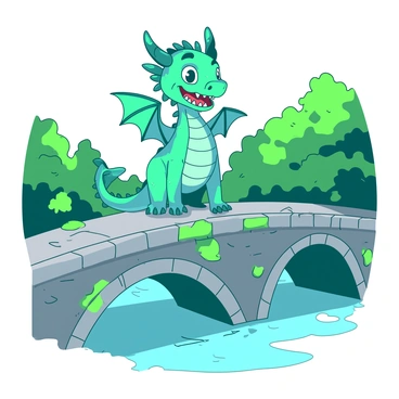 A teal cartoon dragon stands proudly on a stone bridge, its friendly smile revealing a row of sharp teeth. The dragon has vibrant scales glistening in the sunlight, with large, expressive eyes filled with warmth. The bridge is arched and made of rough-hewn stones, accentuated by patches of green moss. In the background, lush green trees line the banks of a gently flowing river. The dragon's wings are slightly spread, conveying a welcoming posture as it guards the bridge.
