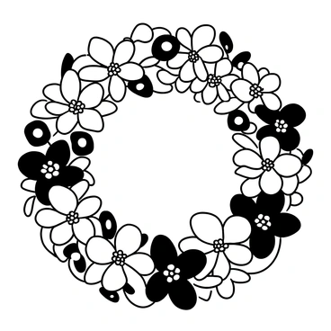 A circular wreath composed of multiple types of "orchids" in different shapes and sizes, arranged closely together. The "glossy green leaves" are interspersed among the orchids, providing a lush background. The wreath is full and vibrant, with some orchids facing outward while others cluster more tightly, creating depth and visual interest.