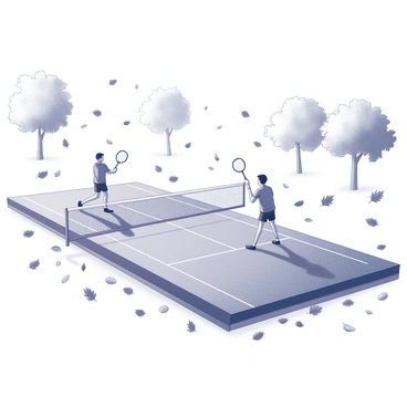 A badminton court set in an outdoor environment with a net in the center. Players are engaged in a match, one player is poised to serve while the other is ready to receive. Numerous badminton birdies are scattered throughout the scene, some near the players and others floating in the air. Surrounding the court, a multitude of autumn leaves are falling from the trees, creating a dynamic atmosphere. The leaves come in various shapes and sizes, adding texture to the scene. The ground is scattered with both leaves and the birdies, enhancing the lively nature of the game.