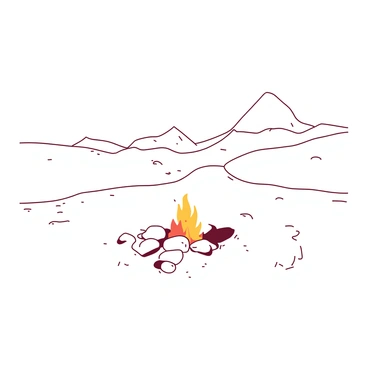 A white snowy landscape stretches across the scene, covered with a thick blanket of snow. In the distance, there is a small campfire glowing softly, casting a warm orange light that contrasts with the surrounding whiteness. Surrounding the fire, there are a few rocks arranged in a circle, creating a cozy area. The sky above is clear and bright, highlighting the vastness of the landscape, with a few distant snow-capped mountains visible on the horizon.