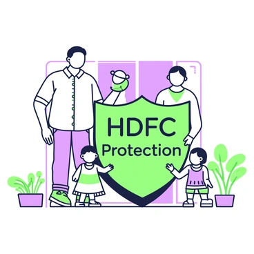 A shield is prominently displayed in the center of the image. The shield features the words "HDFC Protection" boldly inscribed across its surface. Behind the shield, a family stands together, consisting of a father, a mother, and two children. The father is on the left, wearing a casual shirt and jeans, while the mother stands beside him in a summer dress. The children, one boy and one girl, are positioned in front of them, smiling. The background includes subtle hints of a home environment, such as a doorway and potted plants, all framed by the protective emblem of the shield.