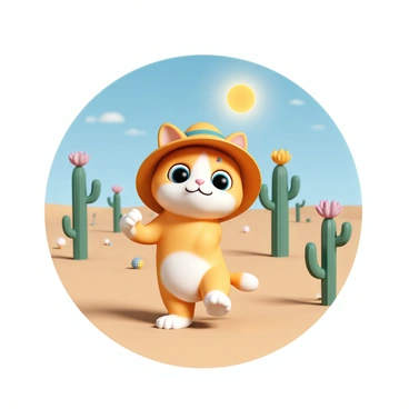 A cartoon cat, featuring a round face and large expressive eyes, is wearing a wide-brimmed "sunhat" that is decorated with colorful patterns. The cat is standing on its hind legs, with one paw raised as if it's taking a step forward, showing curiosity and excitement. The desert landscape is vast and dry, with tall green "cacti" scattered throughout, some with vibrant flowers blooming at their tops. The sun is shining brightly in a clear blue sky, casting soft shadows on the sandy ground. The cat's fur is a mix of bright colors, adding contrast to the warm tones of the desert environment.