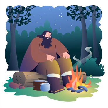 Beorn, a tall man with long, dark hair and a thick beard, is sitting on a log beside a campfire in the woods. He is wearing a sturdy, brown cloak and sturdy boots. The campfire is crackling with bright orange and yellow flames, casting warm light that illuminates Beorn's face and the surrounding trees. Nearby, a small pot is hanging over the fire, steaming slightly, and a few logs are stacked tidily beside him. The woods are dense with dark green foliage, and the night sky above is speckled with stars.