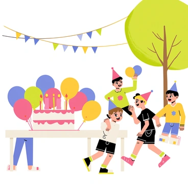 A cheerful birthday party taking place in a sunny backyard. Colorful balloons of various sizes are tied to a white table. A large round cake with pink frosting and lit candles sits prominently on the table. A group of children, wearing party hats, are playing games nearby, laughing and running around. Streamers hang from a tree, adding to the festive atmosphere. One child is reaching for a balloon while another is pointing excitedly at the cake.