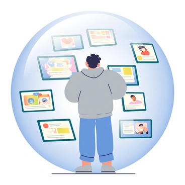 A person with short black hair is standing inside a giant transparent bubble formed by numerous phone screens displaying various social media feeds and messages. The screens are arranged in a circular pattern around the individual, creating a sense of confinement. The person is wearing a casual grey hoodie and jeans, looking contemplatively at the screens. The background is a soft gradient of blue and white, emphasizing the isolation of the scene. The bubble's transparency allows for some light to pass through, creating subtle reflections on the surfaces of the phone screens.