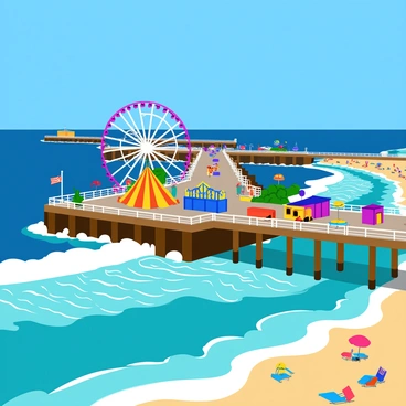 An aerial drone view showcasing the "Santa Monica Pier" extending into the ocean. The pier is lined with colorful amusement rides, including a large Ferris wheel and carnival games. Below the pier, waves crash against the wooden supports, creating white foam. The surrounding area features sandy beaches dotted with sunbathers and beach umbrellas. In the distance, the horizon meets a clear blue sky, enhancing the vibrant scene.