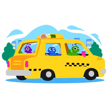 A playful illustration of a taxi cab with aliens as passengers