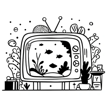 A vintage television set with a rounded screen and knobs is transformed into a fish tank filled with various fish swimming among plants and rocks. The TV has an open back, revealing the fish tank interior, while plants cascade over the edges. The whimsical home interior features a patterned wallpaper and quirky decorations scattered around. There is a small table beside the TV with a teacup and a stack of books. Light reflections dance on the glass surface of the fish tank, enhancing the scene.