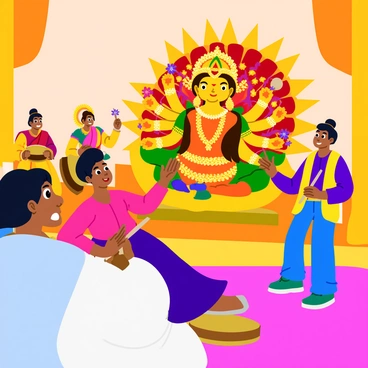 A lively scene featuring a drummer energetically playing traditional beats. The drummer is dressed in colorful attire, holding drumsticks and positioned in front of a beautifully decorated Durga idol. The idol is adorned with vibrant flowers, intricate jewelry, and a rich tapestry in the background. The atmosphere is filled with excitement, as the drummer's movements create a dynamic rhythm that draws the attention of a captivated audience nearby. The setting is illuminated with warm lighting, enhancing the colorful decorations and the details of the Durga idol.