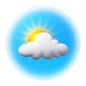 A sky featuring a vibrant blue color with a gradient transitioning to lighter shades near the horizon. "Half a sun" is visible, partially obscured by a "fluffy cloud" that has soft edges and a white, billowy appearance. The sun emits warm golden rays that gently illuminate the area around it, casting subtle shadows on the cloud. The cloud floats in the sky, positioned slightly to the side of the sun, creating a dynamic visual contrast.