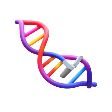 A 3D icon of a DNA polymerase enzyme with a smooth, elongated structure. The enzyme features segments in vibrant rainbow colors, transitioning seamlessly from red to purple. It is shown interacting with a DNA strand, which is represented as a classic double helix. The DNA strand is partially unwound, with the polymerase positioned at the replication fork, highlighting its processivity.
