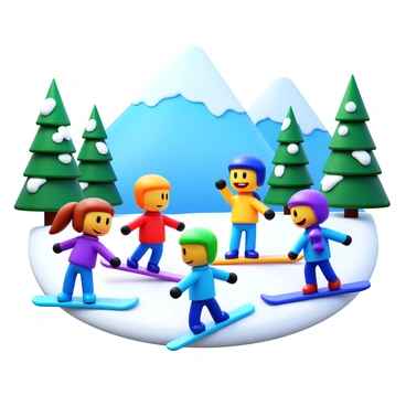 Characters wearing colorful winter sports outfits, such as ski suits and snowboarding gear, are engaged in a virtual winter sports game. They are surrounded by a snowy landscape that features tall pine trees covered in snow and a mountain range in the background. Each character is using different equipment, such as snowboards, skis, and sleds, showcasing a dynamic competition. Snowflakes are gently falling from the sky, adding to the wintry atmosphere, while some characters are in action poses, displaying excitement and determination. The scene captures the thrill of competition in a vibrant and energetic winter setting.