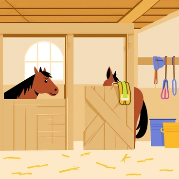 A cozy barn interior with wooden beams and warm lighting. Hay is scattered on the floor, and sunlight streams in through the small windows. In the foreground, a brown horse with a shiny coat is peeking out from its stall, its ears perked up. The stall is made of wooden slats, and a saddle hangs on the wall nearby. Various tools and buckets are arranged neatly in the corner, adding to the rustic charm of the barn.